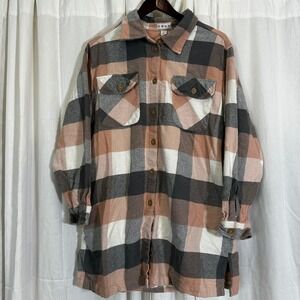 DASH Plaid Flannel Button Down Shirt Jacket Oversized Cozy Casual Grunge Women L